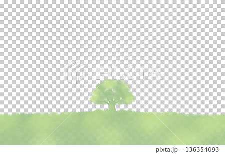 水彩風の草原と一本の木の背景　フレーム 136354093