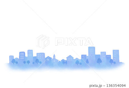 水彩風の街並みシルエット 背景素材　青色 136354094