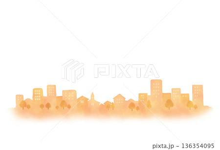 水彩風の街並みシルエット 背景素材　オレンジ 136354095