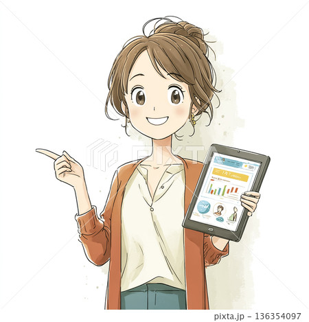 タブレットのグラフを見せて説明する働く女性｜データ共有のビジネスシーン 136354097