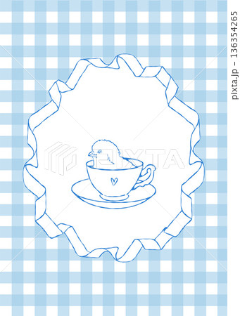 Easter invitation template. Vintage Easter greeting card with a hand-drawn illustration of a chick in a mug in soft pastel blue tones. Retro checkered background. Vector illustration. 136354265