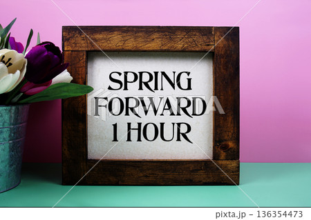 Spring Forward 1 Hour message with tulip flower in metal vase Spring Forward 1 Hour message with tulip flower in metal vase 136354473