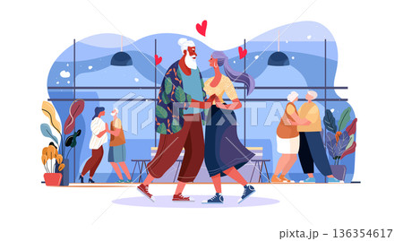 Active seniors dancing valentine day romance couples enjoying together modern interior plants hearts blue background Active seniors dancing valentine day romance couples enjoying together modern interior plants hearts blue background 136354617