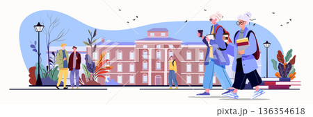 Active seniors university campus lifelong learning older adults walking with backpacks and books outdoor autumn scene educational building background 136354618