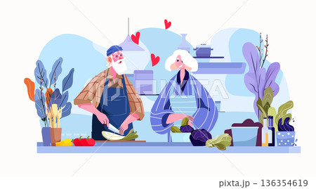 Senior couple cooking healthy meal valentine day together kitchen vegetables plants modern home love concept Senior couple cooking healthy meal valentine day together kitchen vegetables plants modern home love concept 136354619