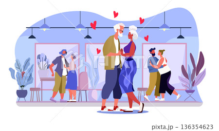 Senior couple dancing romance love valentine day elderly people ballroom dance studio modern interior colorful plants background Senior couple dancing romance love valentine day elderly people ballroom dance studio modern interior colorful plants background 136354623