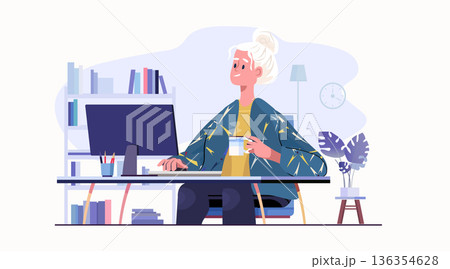 Senior woman working at computer home office active aging concept modern interior desk books coffee cup plant clock flat design 136354628