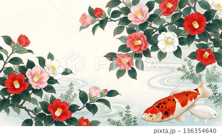 椿咲く水辺を泳ぐ紅白の鯉 ― 和風日本画イラスト背景 136354640