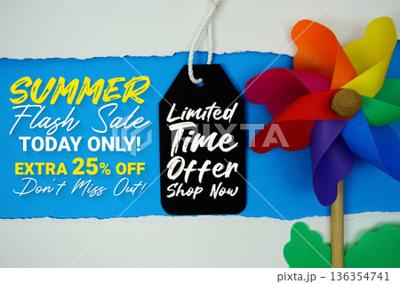 Summer Sale 25% and Limited Time Offer with Price Tag on blue background 136354741
