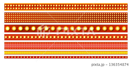 Marquee strips. Led strip, vintage neon border line yellow light bulb lamp on red ribbon retro signage frame for carnival festival or makeup mirror, set kicky vector illustration 136354874