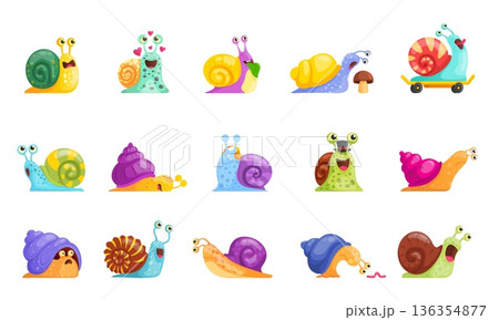 Cartoon snails. Cute slug funny characters, kawaii snail with leaf sleep snailfish mascot mollusk sticky slime animal spiral shell houses childish baby kicky vector illustration 136354877
