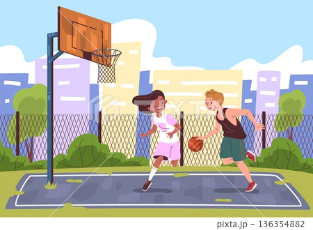 Kids summer basketball. Children play basketball game outdoor playground, school girl boy throw ball in basket or pitch street sport court urban field, classy vector illustration 136354882
