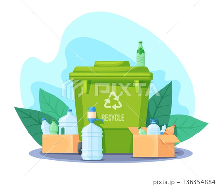 Recycling waste bin. Trash sorting, garbage management concept eco friendly green container separated plastic bottles dumpster clean nature environment neat vector illustration 136354884
