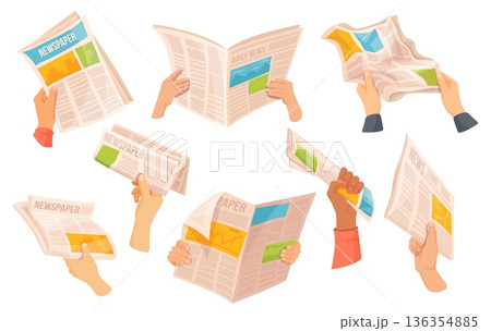 Newspapers in hands. Hand hold daily newspaper, read weekly journal paper media sport news morning press article publication page city information, cartoon neat vector illustration Newspapers in hands. Hand hold daily newspaper, read weekly journal paper media sport news morning press article publication page city information, cartoon neat vector illustration 136354885