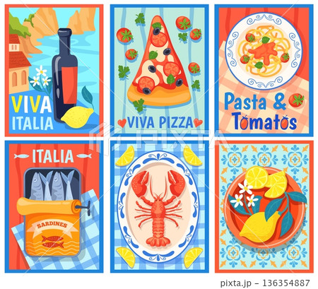 Summer italian posters. Italy amalfi travel invitation cards, mediterranean food sardines lemon tomato pasta seafood abstract vintage doodle print frame, neat vector illustration Summer italian posters. Italy amalfi travel invitation cards, mediterranean food sardines lemon tomato pasta seafood abstract vintage doodle print frame, neat vector illustration 136354887