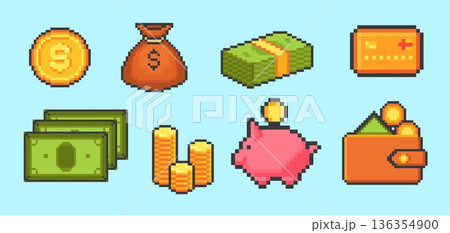 Money pixel art. Coins cash dollar bill 8 bit game ui icon, gold bag piggy bank credit card wallet retro videogame elements invest finance set, cartoon neat vector illustration 136354900