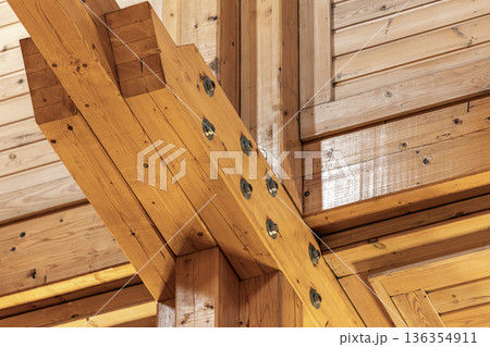 Wooden walls, ceiling and supporting beams Wooden walls, ceiling and supporting beams 136354911