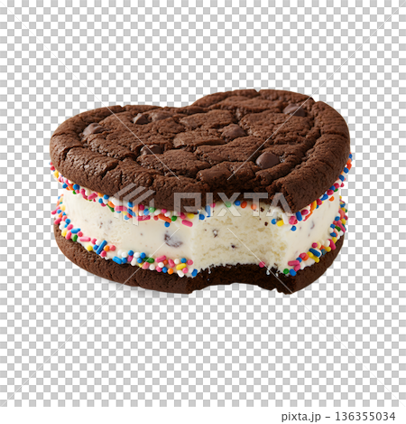 Delicious homemade ice cream sandwich made with chocolate chip cookies, vanilla ice cream, and colorful sprinkles on the edges Delicious homemade ice cream sandwich made with chocolate chip cookies, vanilla ice cream, and colorful sprinkles on the edges 136355034