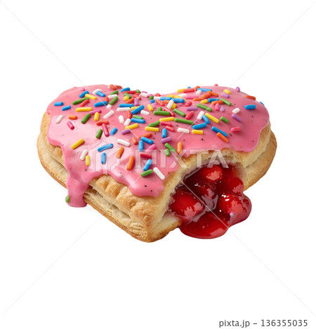 Sweet heart-shaped pastry or pop-tart with pink icing, rainbow sprinkles, and a cherry filling, perfect for fun breakfasts and valentine's day 136355035