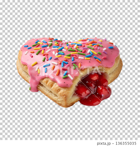 Sweet heart-shaped pastry or pop-tart with pink icing, rainbow sprinkles, and a cherry filling, perfect for fun breakfasts and valentine's day 136355035