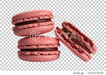 Stack of delicious pink french macarons with a rich chocolate ganache filling, isolated. Perfect for patisserie, gifts, and elegant dessert ads 136355038