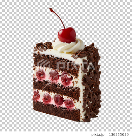 Decadent slice of classic black forest cake with layers of chocolate, cherry, and cream, topped with a cherry 136355039