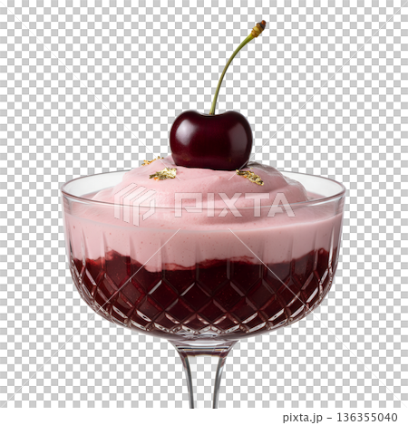 Elegant dessert of light cherry mousse served in a crystal glass or coupe, perfect for fine dining menus, patisserie, and upscale food blogs 136355040