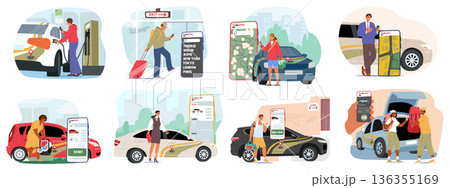 Diverse people using carsharing, taxi booking, and car rental services isolated cartoon scenes set 136355169