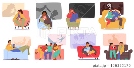 Diverse people characters experiencing different emotions while watching movies isolated scene set Diverse people characters experiencing different emotions while watching movies isolated scene set 136355170