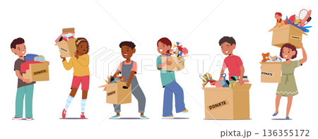 Diverse children cartoon characters holding donate boxes with toys clothes isolated set on white 136355172