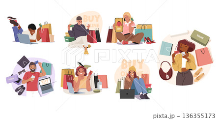 Diverse people characters shopping online making credit card payments and mobile banking set 136355173