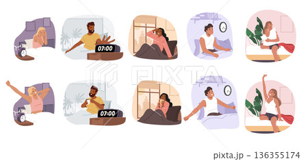 Diverse people cartoon characters waking up in morning stretching in bed, yawning isolated set 136355174