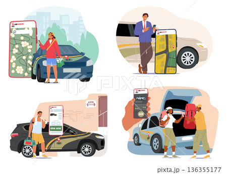 Diverse man and woman using mobile apps to book taxi, use carsharing and rent cars cartoon scene Diverse man and woman using mobile apps to book taxi, use carsharing and rent cars cartoon scene 136355177