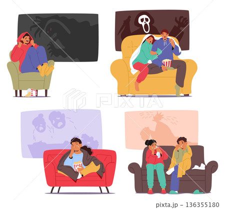 Set of cartoon scenes with diverse people and couples watching horror film or drama movie at home Set of cartoon scenes with diverse people and couples watching horror film or drama movie at home 136355180