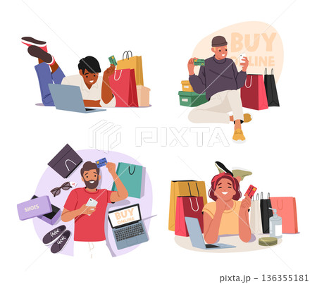 Diverse young men and women cartoon characters doing shopping online with laptops and smartphones 136355181