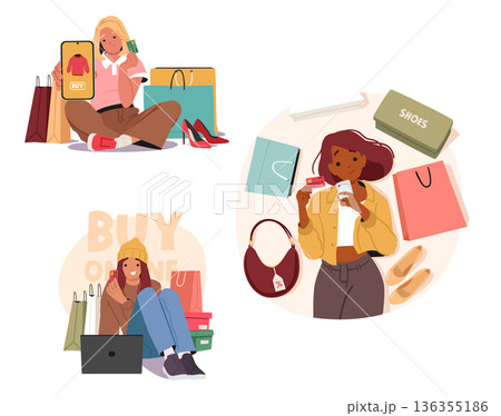 Female cartoon characters of different age enjoying retail therapy doing online shopping scene set 136355186