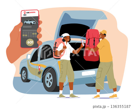 Couple using carsharing mobile app to prepare for road trip, vacation or weekend travel scene 136355187