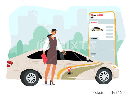 Young businesswoman using mobile app for transportation needs renting taxi, booking carsharing 136355192