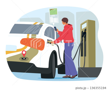 Driver at gas station refueling vehicle while using smartphone app to check the map, plan route 136355194