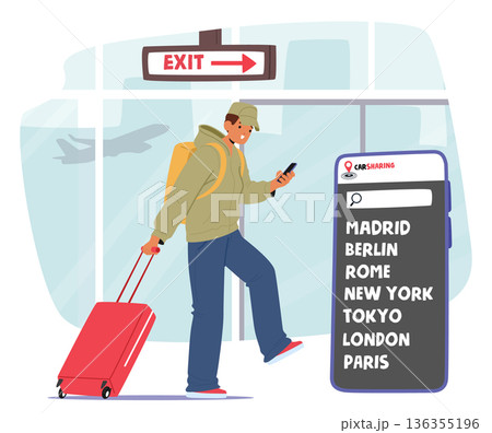 Young man with luggage at airport terminal using smartphone app to book a taxi or rideshare 136355196