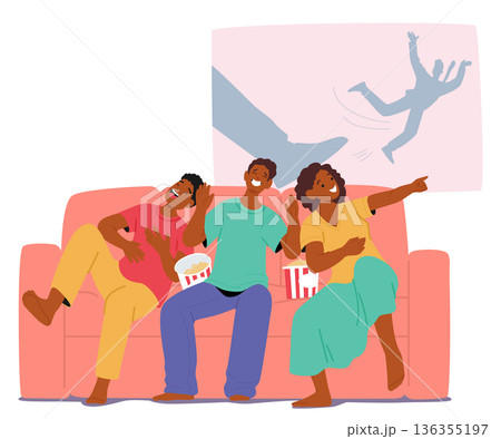 Happy family characters laughing loudly while watching comedy movie resting at home cartoon scene 136355197