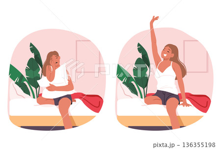 Young woman awakening in bed with different mood and contrasting emotions vector illustration 136355198