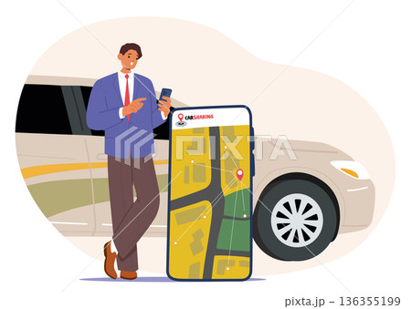 Businessman in suit using smartphone to book carsharing service for corporate travel cartoon scene 136355199