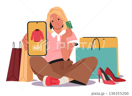 Young woman cartoon character buying sweater and shoes online via mobile phone with credit card 136355200