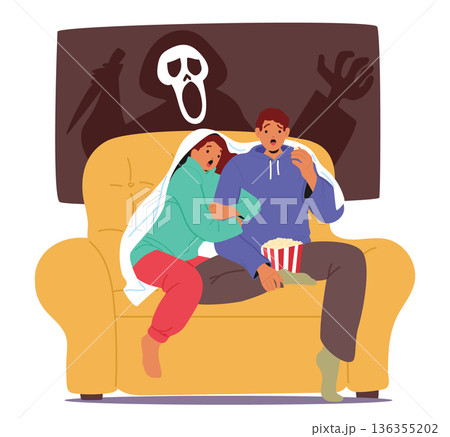 Frightened young couple characters sitting on sofa watching scary horror movie at home cartoon scene 136355202
