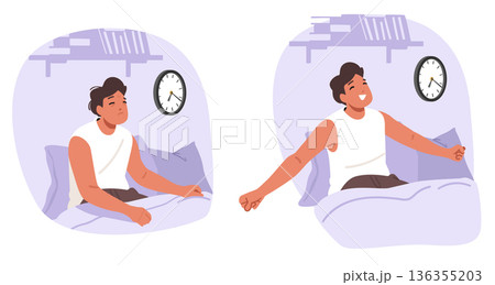 Sleepy tired and refreshed rested states of male character in morning contrasting cartoon scene set 136355203