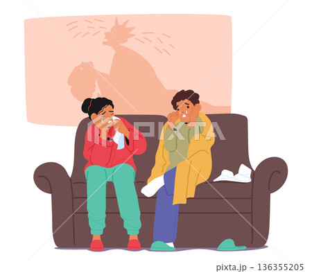 Married couple characters sitting on sofa crying together while watching tragic historical drama 136355205