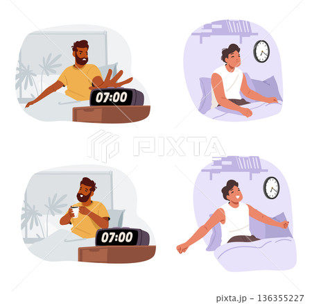 Comparison of morning mood isolated scenes set with men characters waking up while sitting in bed 136355227