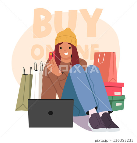 Young happy woman cartoon character engaged in home shopping using laptop and credit card scene 136355233