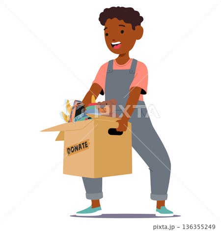 Cheerful cute little boy child cartoon character carrying large cardboard donate box with toys 136355249